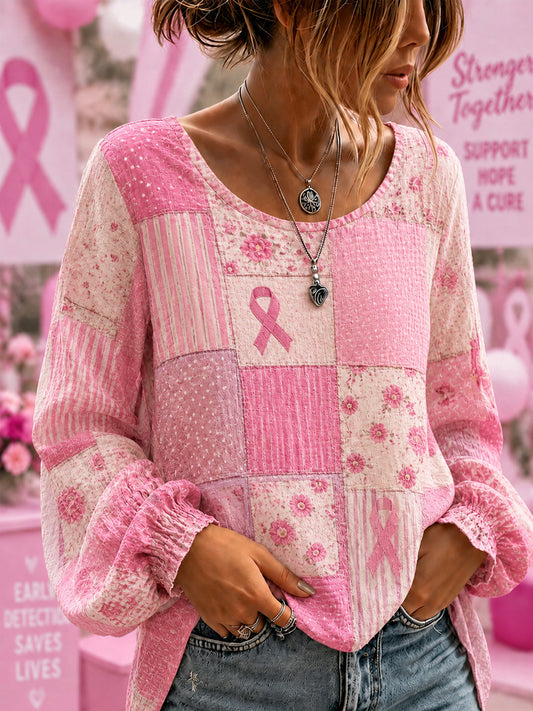 Women's Breast Cancer Awareness Support  Flowers Pink Ribbon Cotton-Linen Shirt