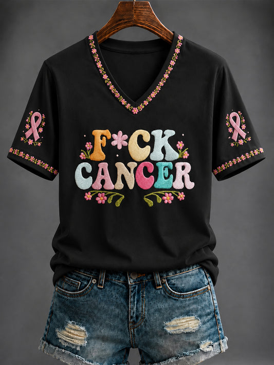 Women's Breast Cancer Pink Printed V-neck T-shirt