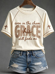 Women's His Grace Still Finds Me Christian Faith Floral Print Round Neck Short Sleeve T-shirt