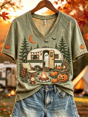 Women's Halloween Ghost Fall RV Camping Print short-sleeved T-shirt
