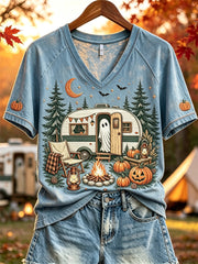 Women's Halloween Ghost Fall RV Camping Print short-sleeved T-shirt
