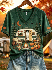 Women's Halloween Ghost Fall RV Camping Print short-sleeved T-shirt