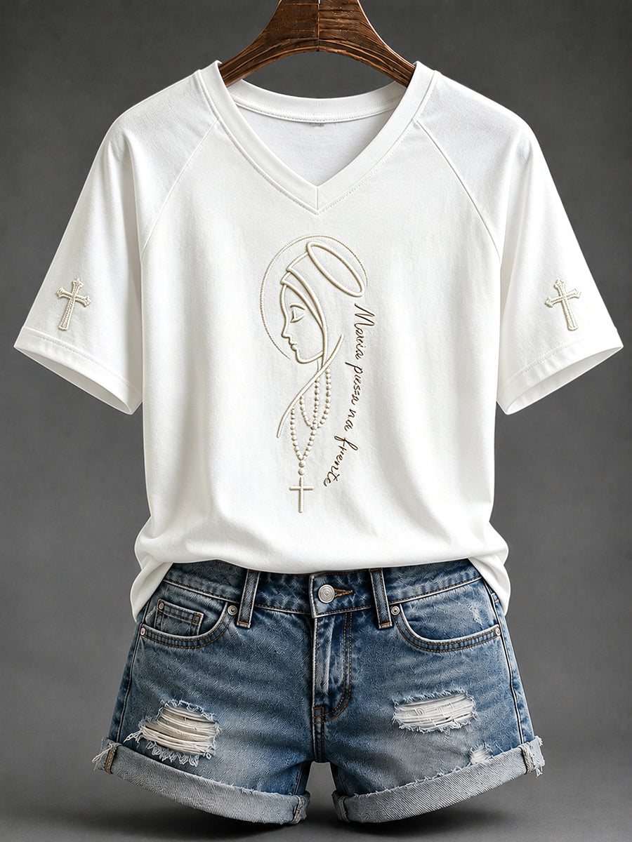 Women's Virgin Mary Print V-neck Short-sleeved T-shirt