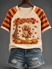 Women's Fall V-neck Off-shoulder Short-sleeved T-shirt