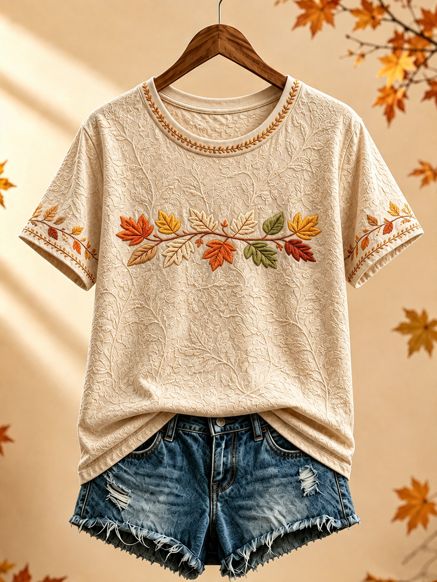 Women's Autumn maple leaf printed short-sleeved T-shirt