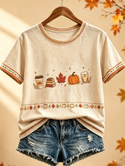Women's Autumn maple leaf printed short-sleeved T-shirt