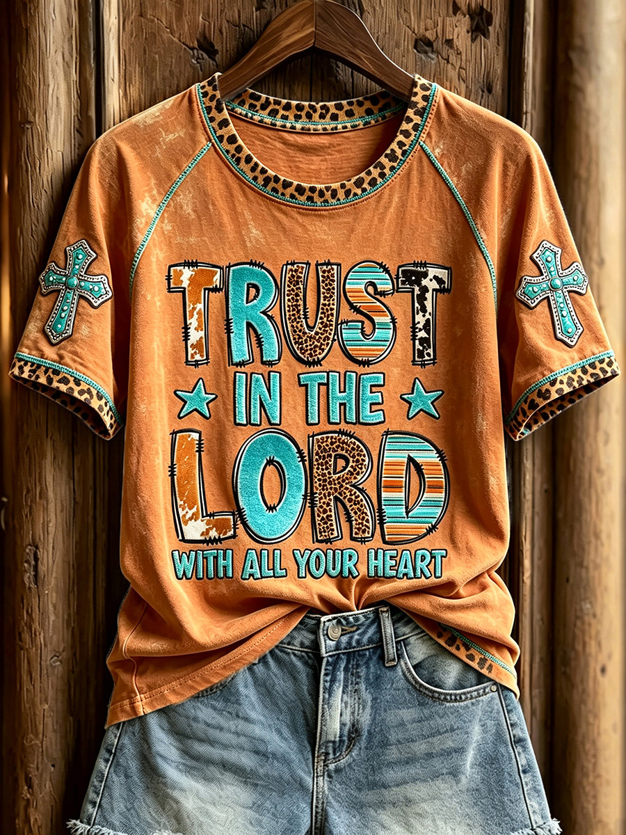 Women's Western Trust In The Lord Faith Print Round Neck Short Sleeve T-shirt