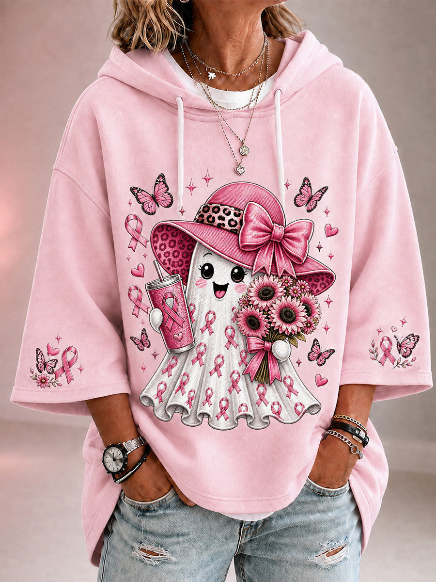 Women's In October We Wear Pink Halloween Pink Ghost Print Breast Cancer Awareness Support 3/4 Sleeve Hoodie