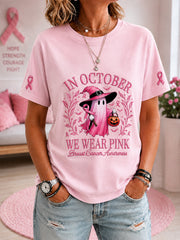 Women's In October We Wear Pink Halloween Pink Ghost Print Breast Cancer Awareness Support Tee