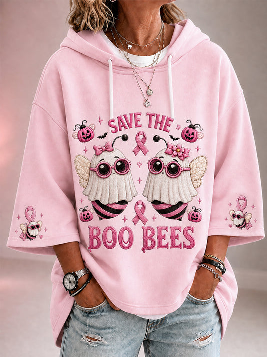 Women's Save The Boo Bees Halloween Pink Ghost Bees Print Breast Cancer Awareness Support 3/4 Sleeve Hoodie