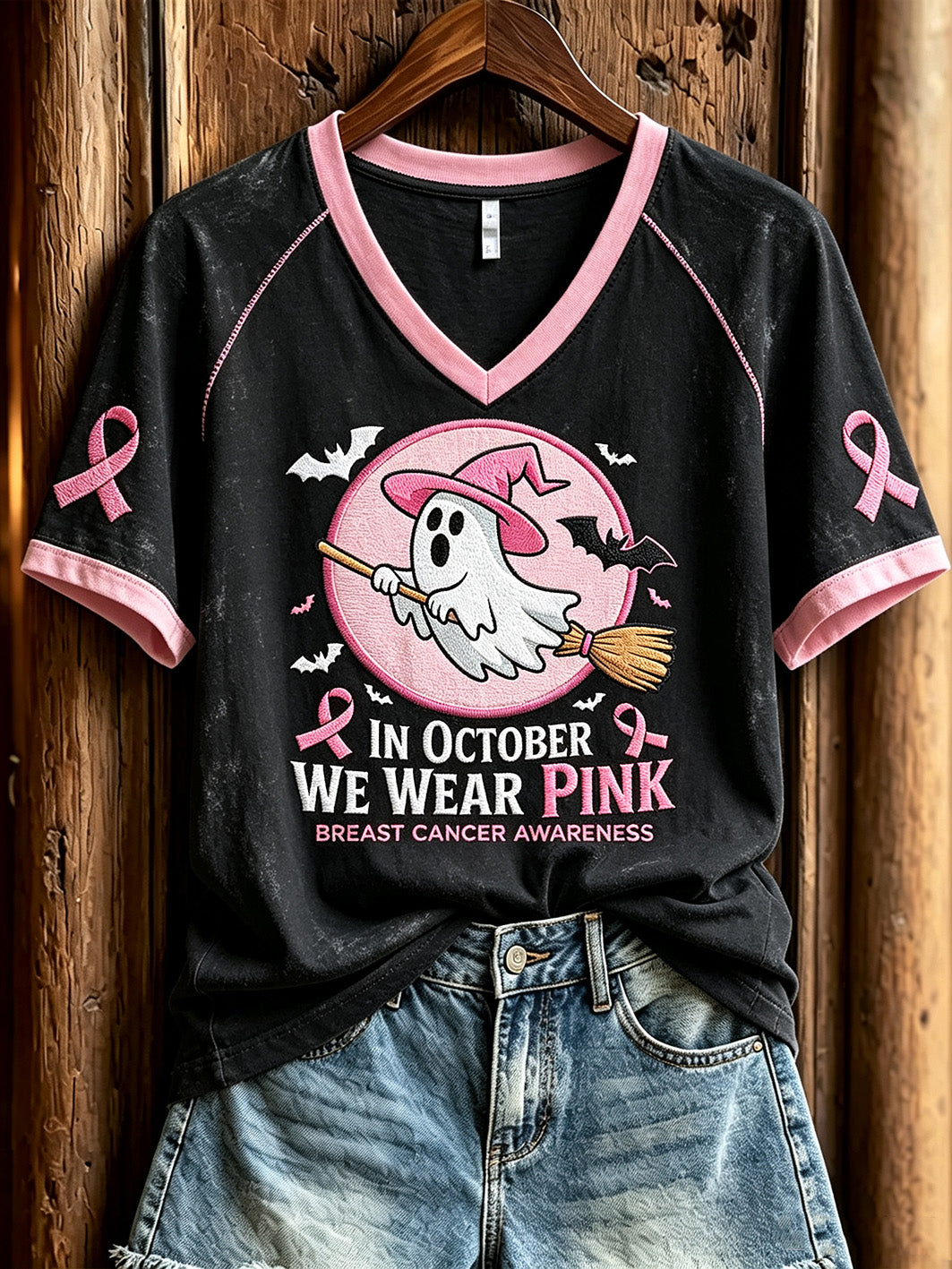 Women's breast cancer theme pattern printed casual short-sleeve T-shirt