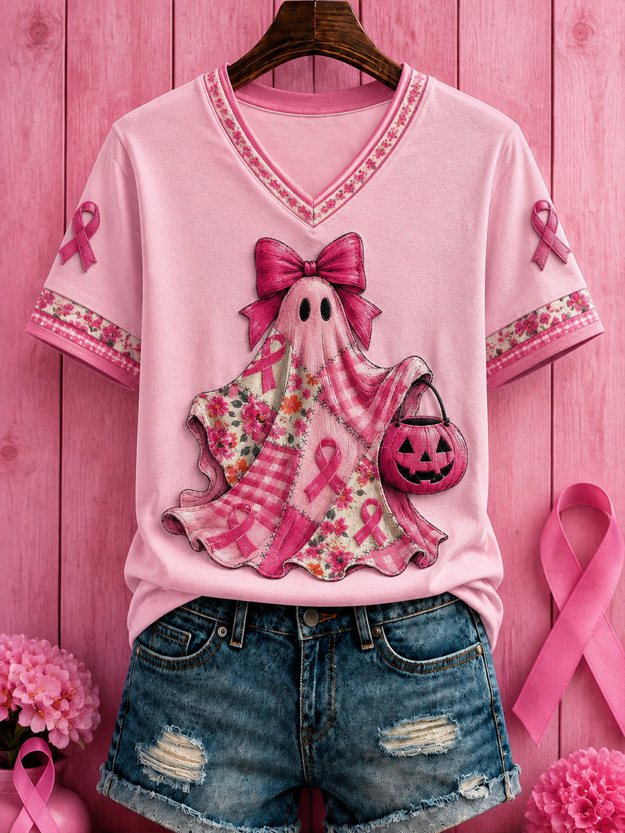 Women's Halloween Breast Cancer Pink Flowers Printed V-neck T-shirt