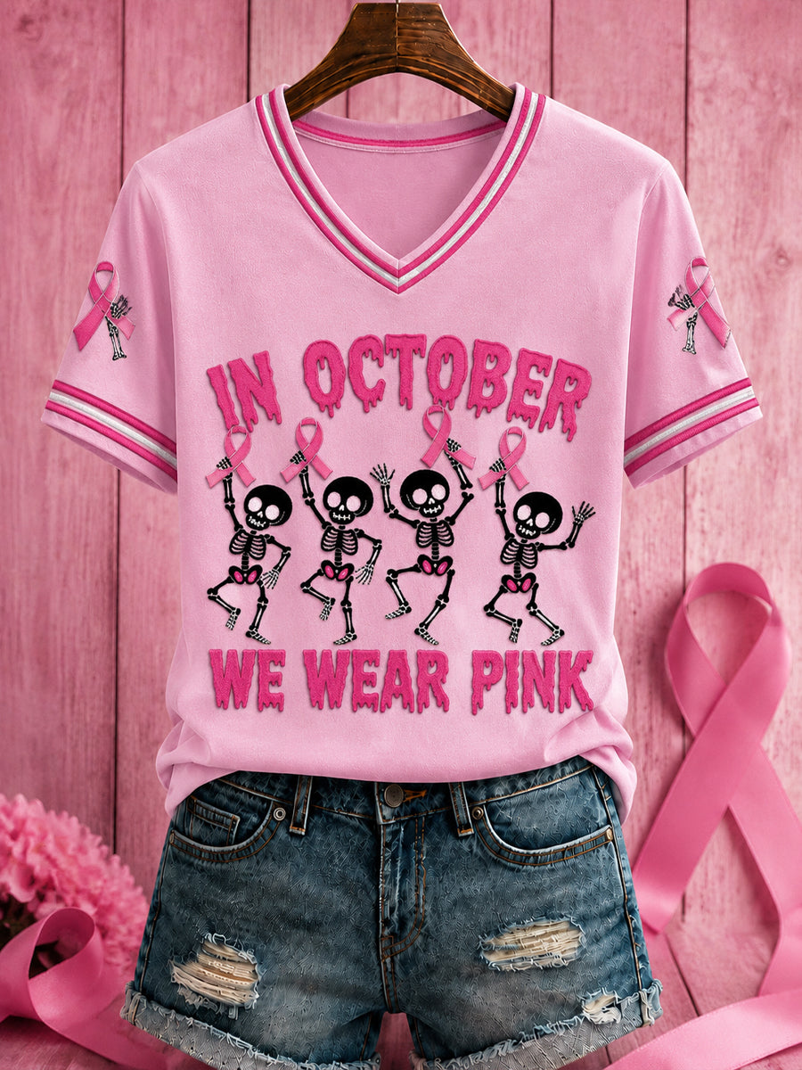 Women's Halloween Breast Cancer Pink Flowers Printed V-neck T-shirt