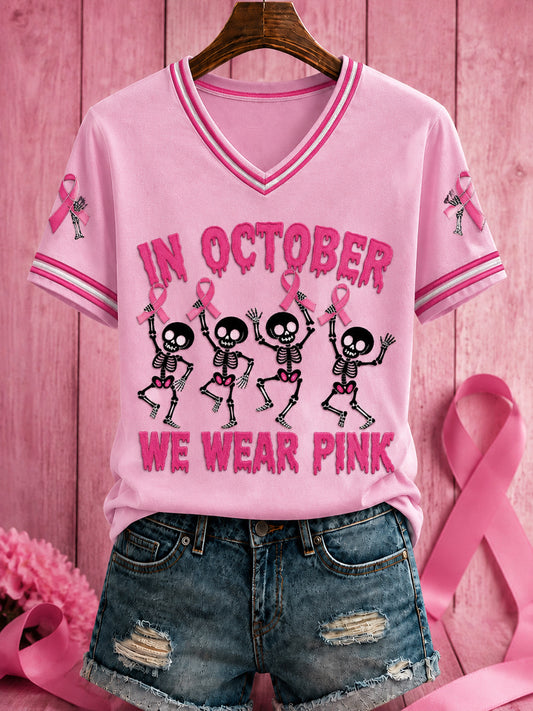 Women's Halloween Breast Cancer Pink Flowers Printed V-neck T-shirt