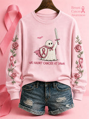Women's"We Haunt Cancer At Dawn" Breast Cancer Awareness Halloween Casual Regular Sweatshirt