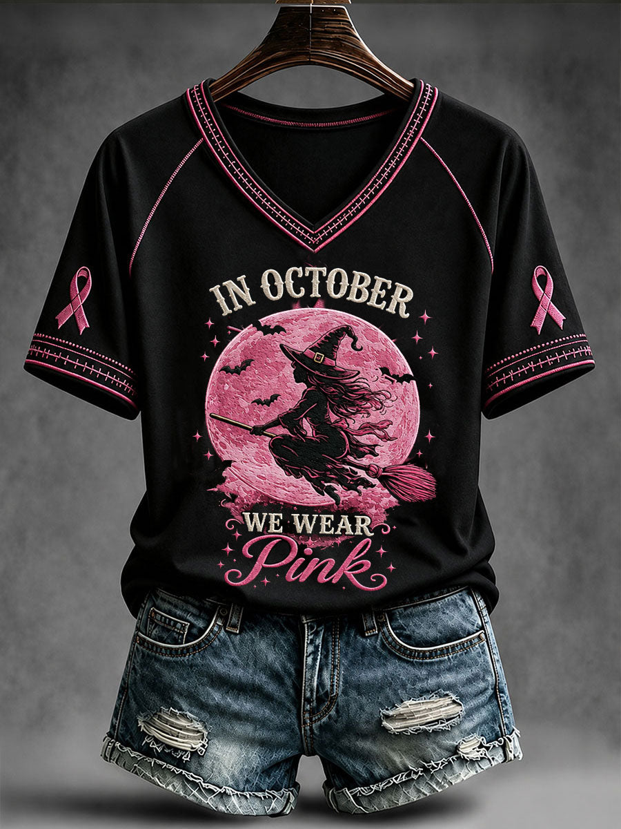 Women's In October We Wear Pink Witch V-neck T-shirt