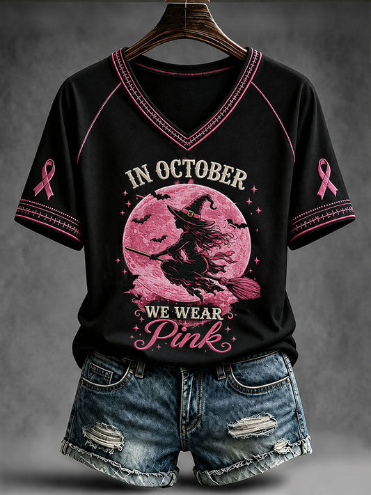 Women's In October We Wear Pink Witch V-neck T-shirt