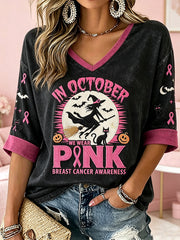 Women's Breast Cancer Theme Halloween Elements Pattern Printed Casual Mid-length Sleeves V-Neck T-Shirt