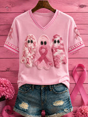 Women's Halloween Breast Cancer Pink Flowers Printed V-neck T-shirt