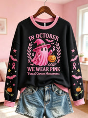 Women's Breast Cancer Theme Halloween Elements Pattern Printed Casual Sweatshirt
