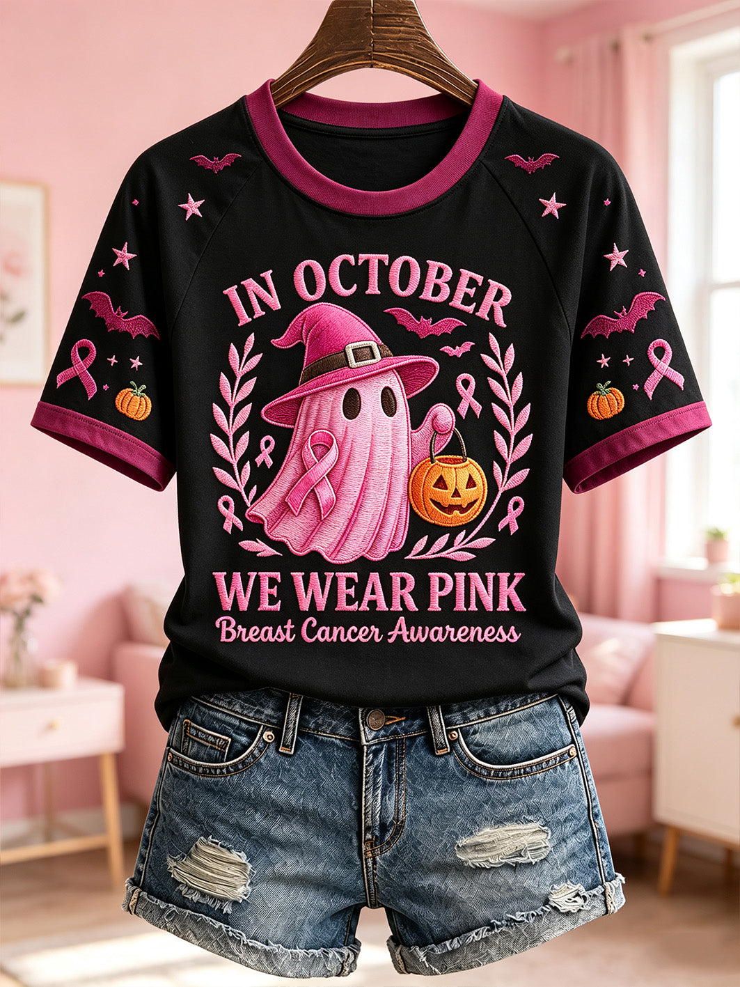Women's Breast Cancer Theme Halloween Elements Pattern Printed Casual Sweatshirt