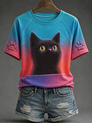 Women's Black Cat Print Casual T-Shirts