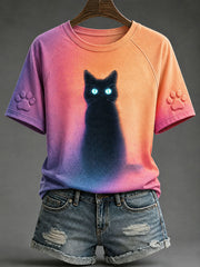 Women's Black Cat Print Casual T-Shirts