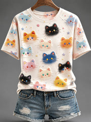 Women's Colorful Cats Print T-Shirts