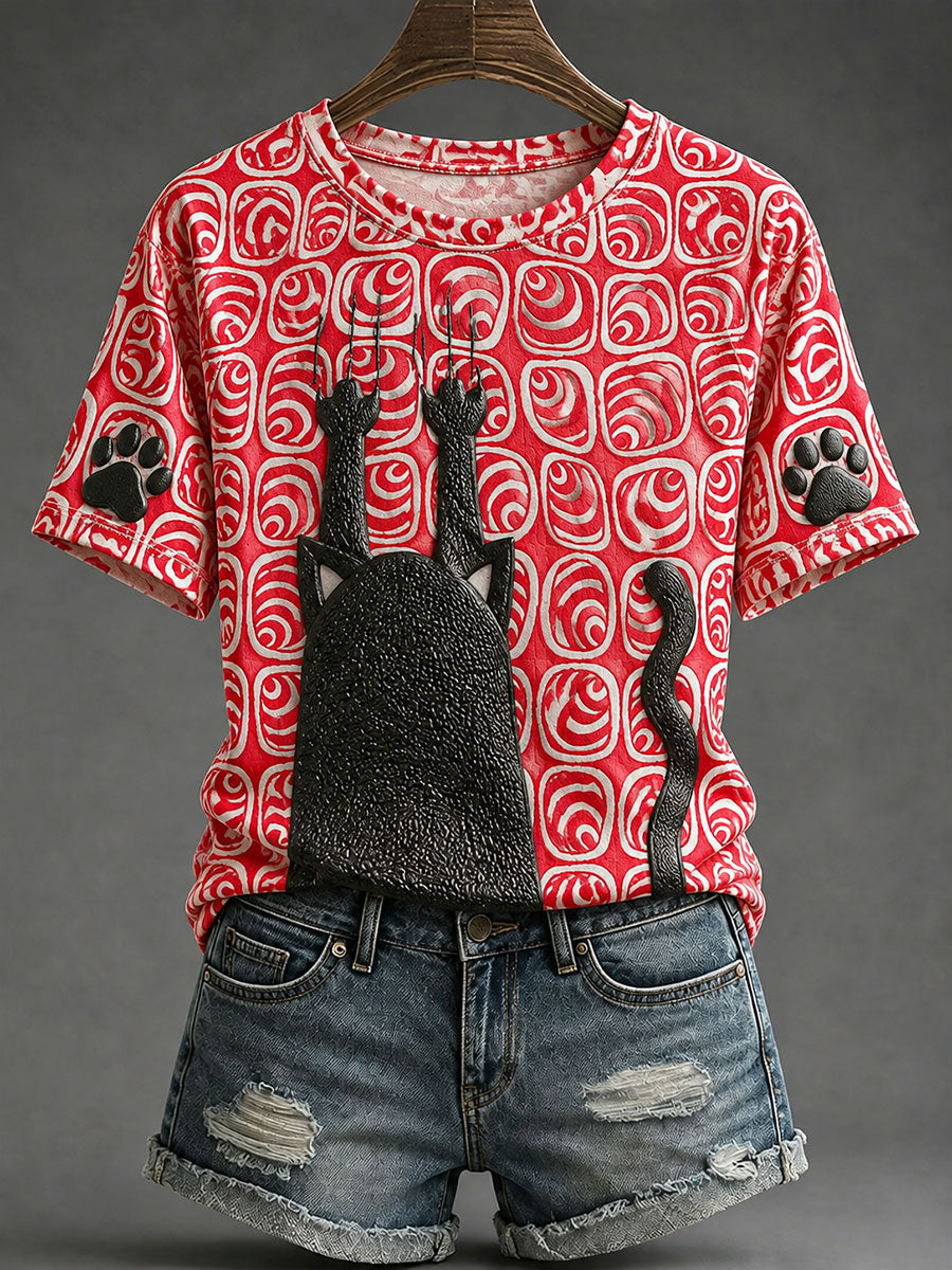 Women's Black Cat Print Casual T-Shirts