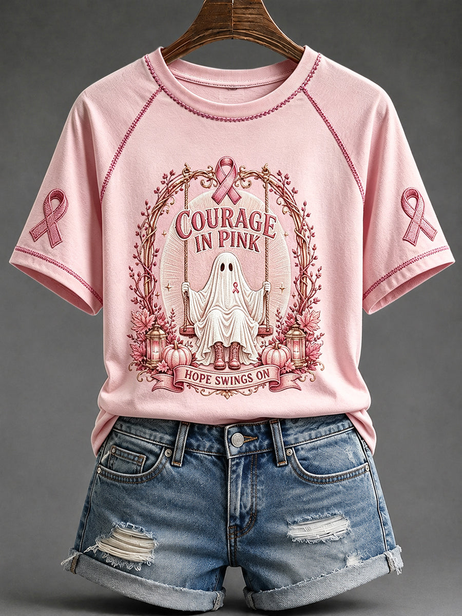 Women's Courage in Pink Ghost Print Round Neck Short Sleeve T-shirt