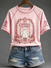 Women's Courage in Pink Ghost Print Round Neck Short Sleeve T-shirt