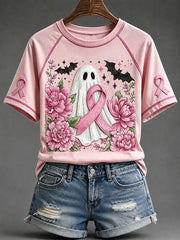 Women's Halloween Ghost Pink Ribbon Print Round Neck Short Sleeve T-shirt