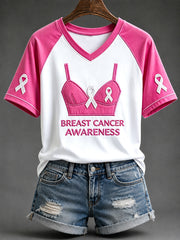 Women's Breast cancer Awareness Pink Ribbon Print V-neck Short-sleeved T-shirt