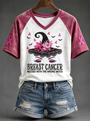 Women's Breast Cancer Messed With The Wrong Witch Print V-neck Short-sleeved T-shirt