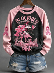 Women's In October We Wear Pink Ribbon Flamingo Breast Cancer Print Cozy Sweatshirt