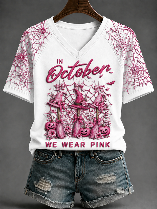 Women's In October We Wear Pink V-neck Off-shoulder Short-sleeved T-shirt