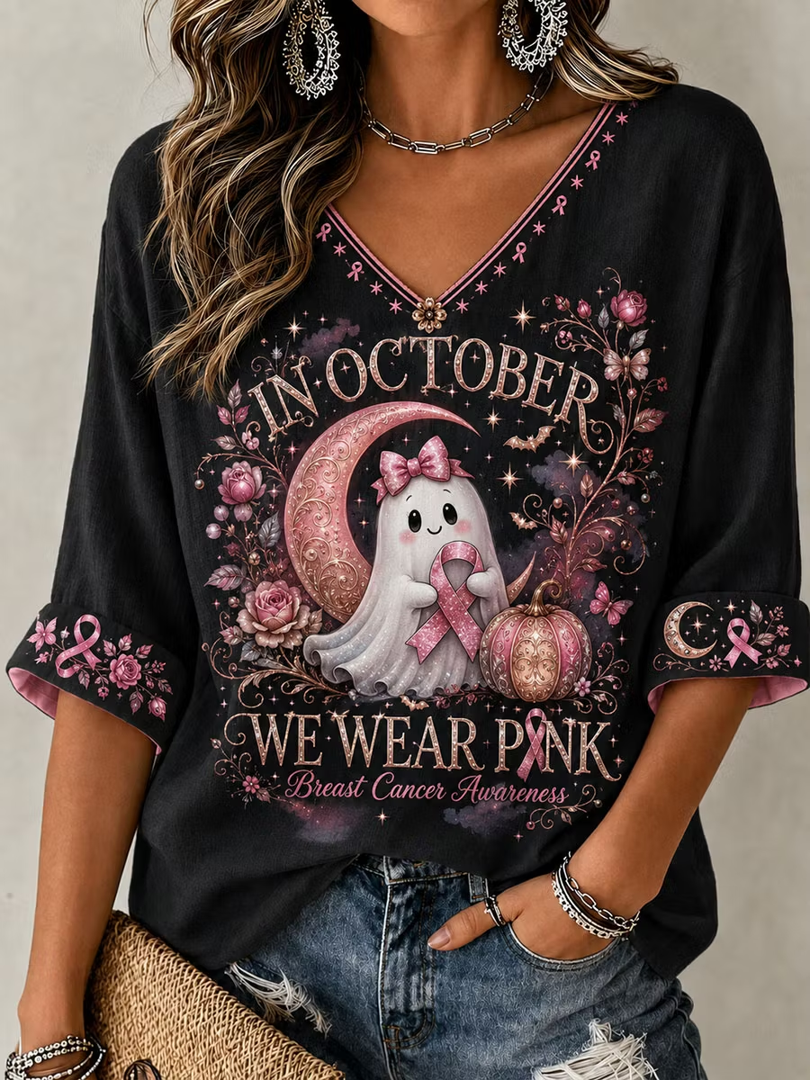 Women's In October We Wear Pink Mid-length Sleeves V-Neck T-Shirt