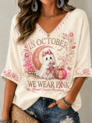 Women's In October We Wear Pink Mid-length Sleeves V-Neck T-Shirt