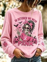 Women's In October We Wear Pink Halloween Pink Skeleton Print Breast Cancer Awareness Support Sweatshirt