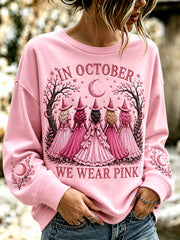 Women's In October We Wear Pink Halloween Pink Witches Print Breast Cancer Awareness Support Sweatshirt