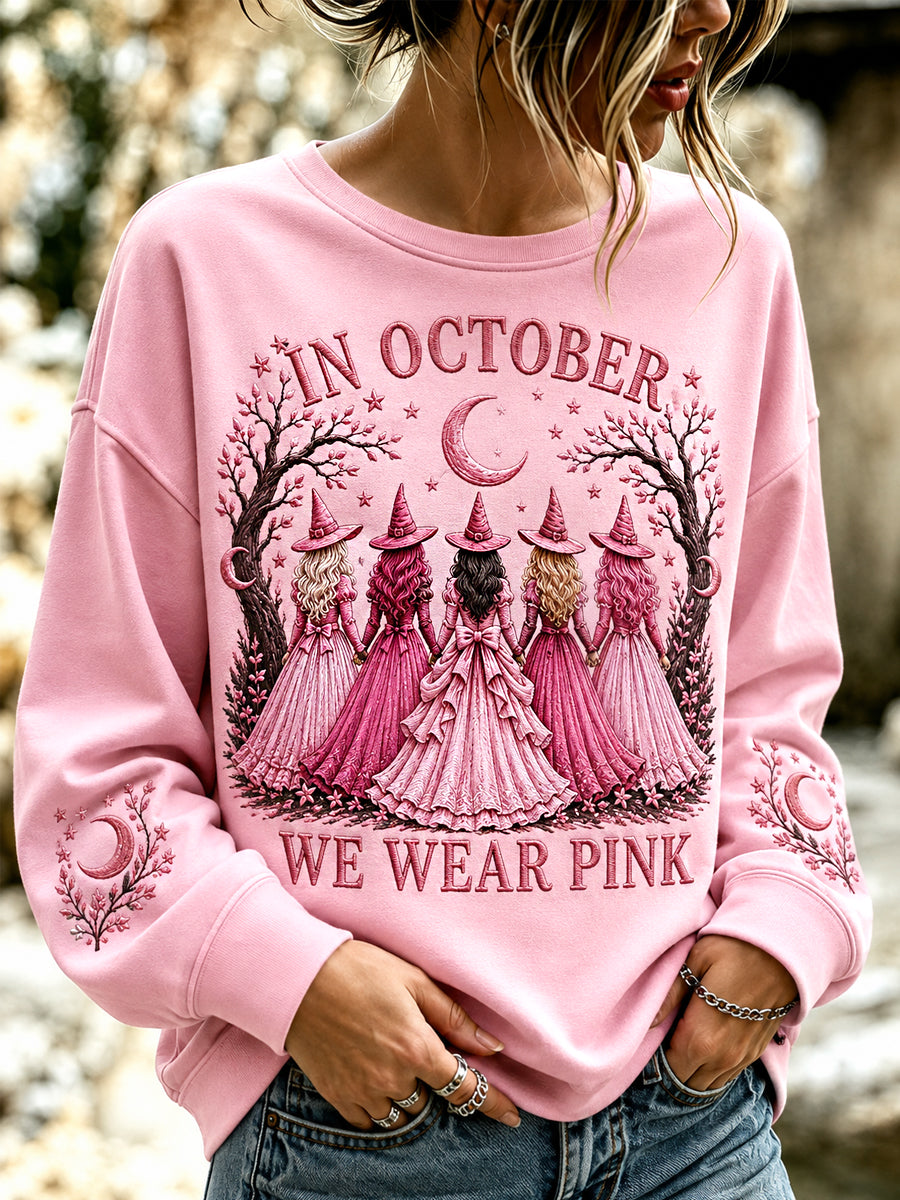 Women's In October We Wear Pink Halloween Pink Witches Print Breast Cancer Awareness Support Sweatshirt