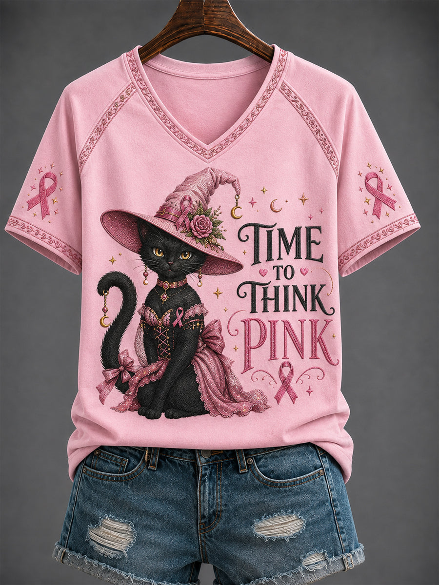 Women's Breast Cancer "TIME TO THINK PINK" Printed V-neck T-shirt