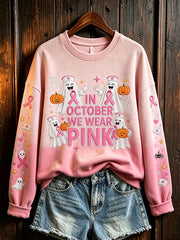 Women's Breast Cancer Theme Halloween Elements Pattern Printed Casual Sweatshirt