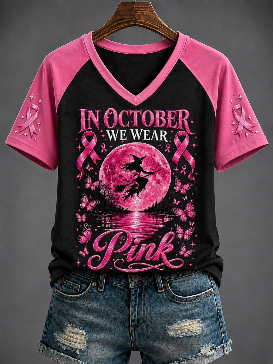 Women's Breast Cancer "IN OCTOBER WE WEAR Pink" Printed V-neck T-shirt