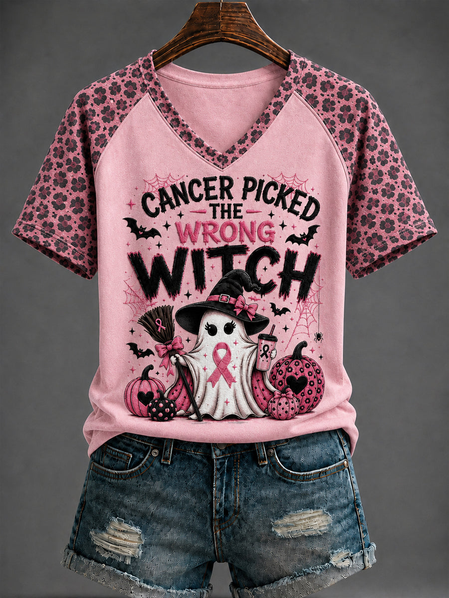 Women's Breast Cancer "CANCER PICKED THE WRONG WITCH" Printed V-neck T-shirt