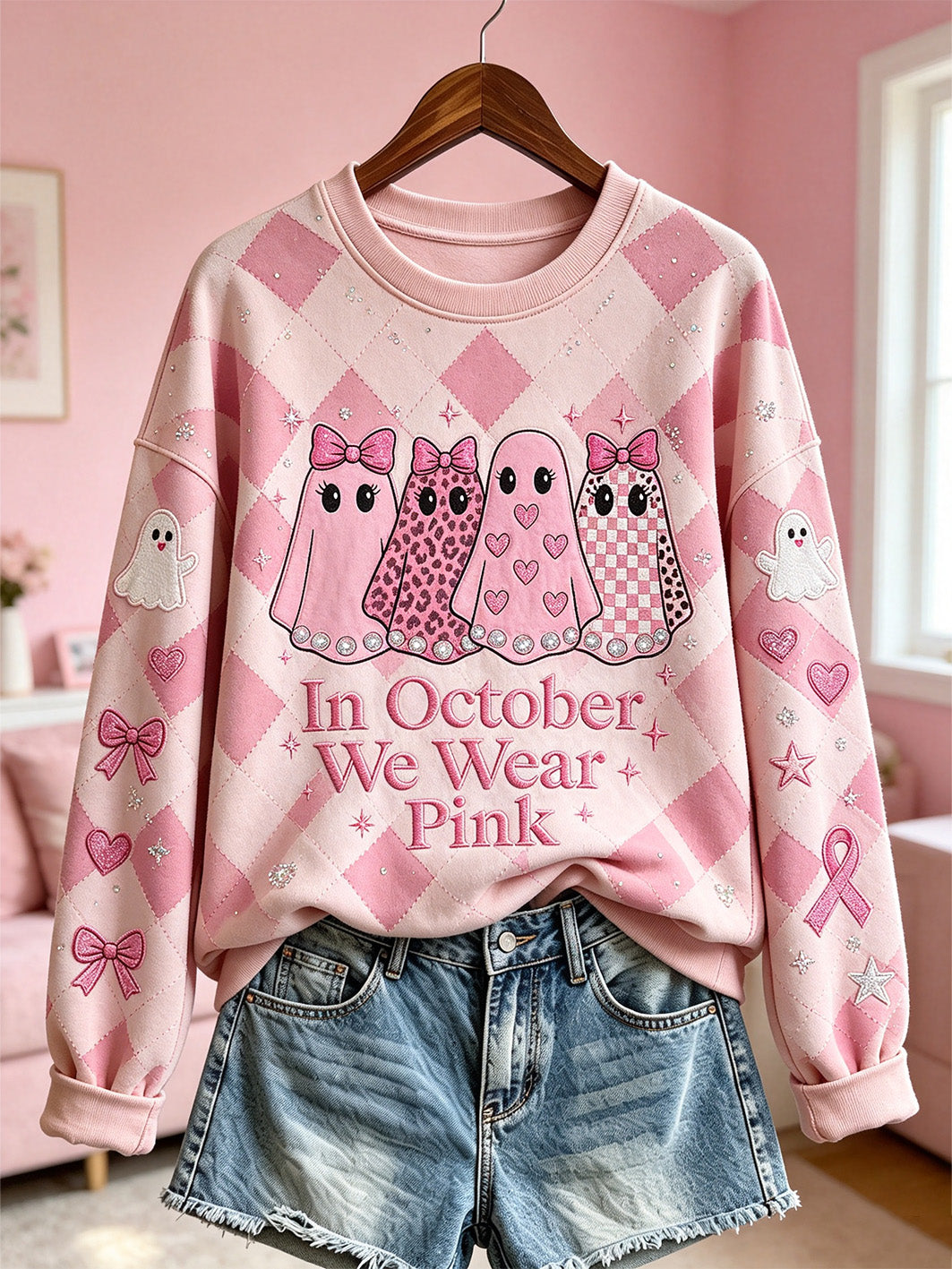 Women's Breast Cancer Theme Halloween Elements Pattern Printed Casual  Sweatshirt