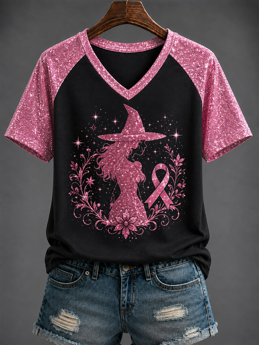 Women's Breast Cancer "WITCH" Printed V-neck T-shirt