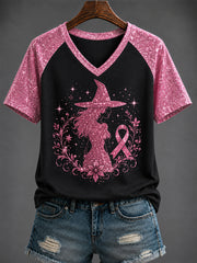 Women's Breast Cancer "WITCH" Printed V-neck T-shirt