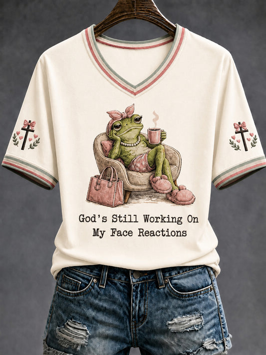 Women's Funny Christian God's Still Working On My Face Reactions Short Sleeve T-shirt