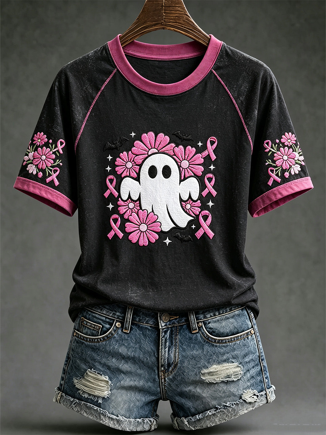 Women's Breast Cancer Theme Halloween Cute Boo Elements Pattern Printed Casual Short Sleeve T-Shirt
